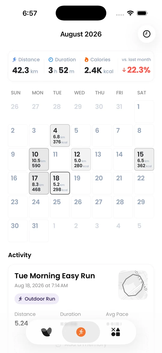 Velin activity calendar: month view and workout list