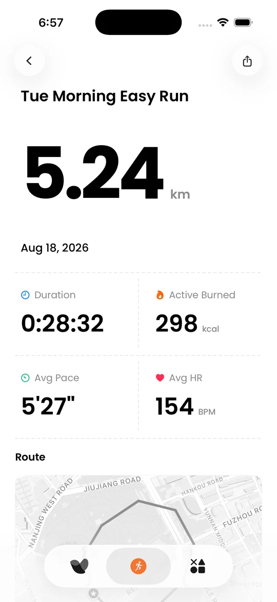 Velin run detail: distance, duration, pace, heart rate, and route