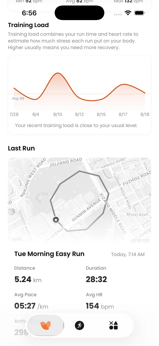 Velin training load chart and last run card